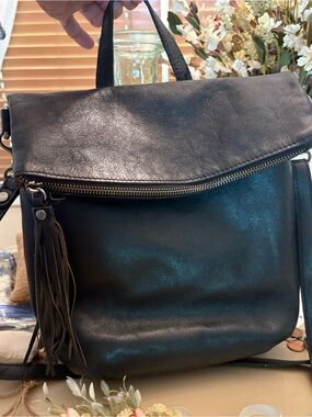 Patricia Nash Black Leather Fold-Top Shoulder Bag with Tassel